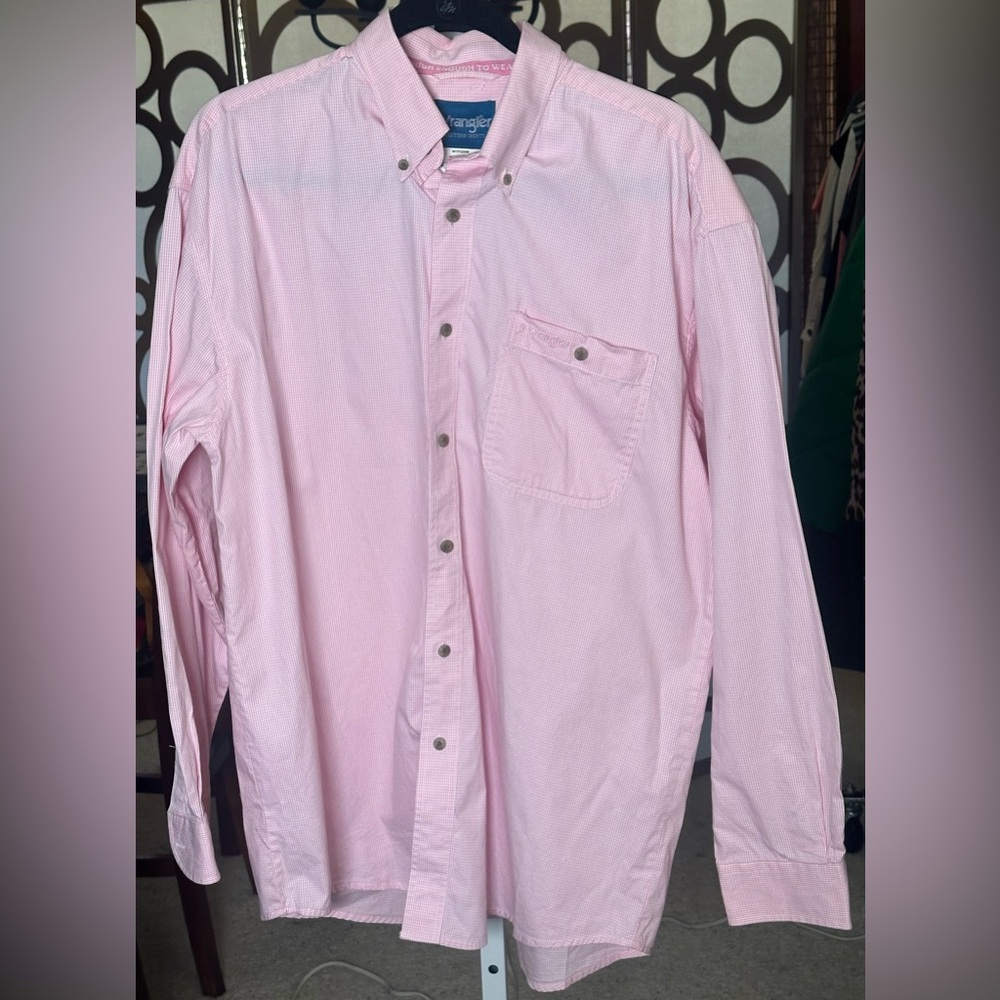 Wrangler Pink Gingham Button Down Shirt Mens L Cotton Western Preppy